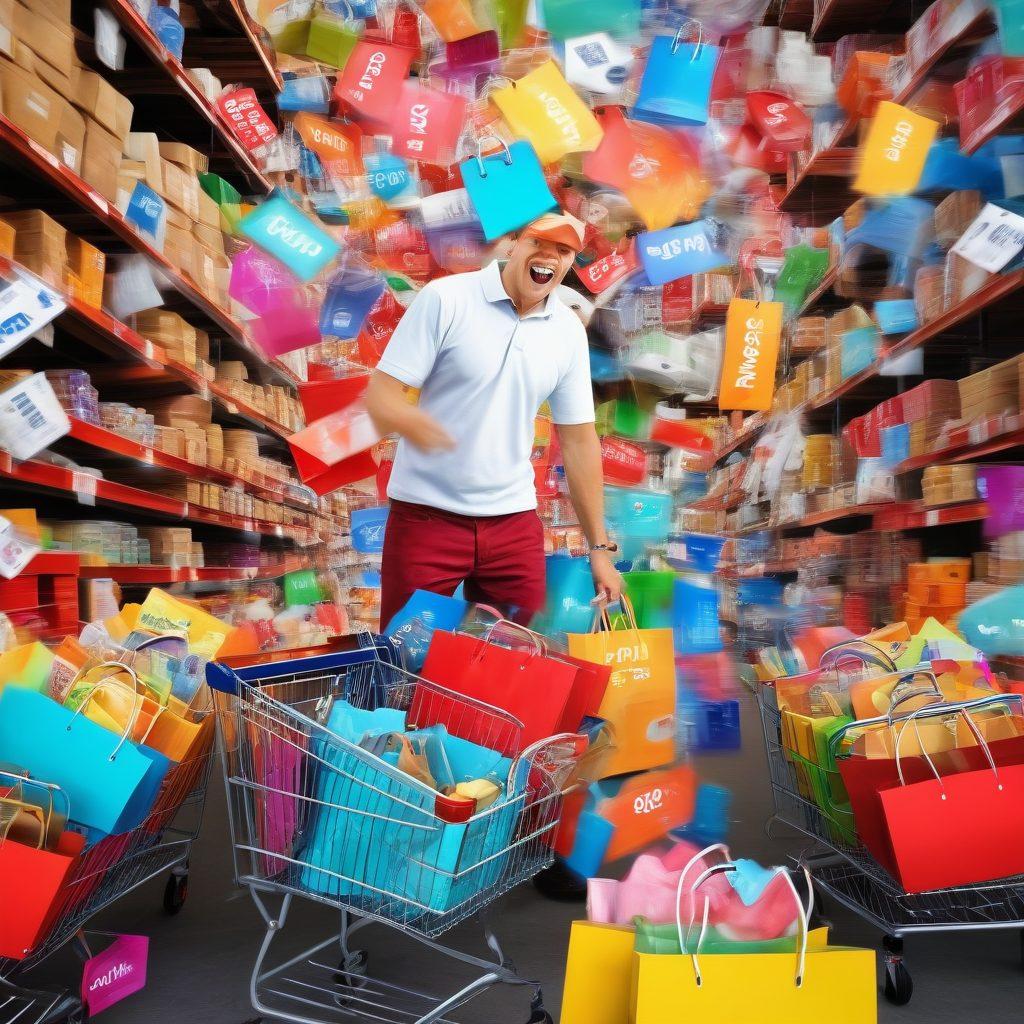 A dynamic collage depicting closeout suppliers and overstock deals: overflowing carts filled with discount tags, vibrant shopping bags bursting with items, a cheerful shopper with a big grin, a backdrop of a bustling warehouse full of colorful products. Include hints of savings like percentage signs and dollar bills floating around. 3D. vibrant colors. energetic ambiance.
