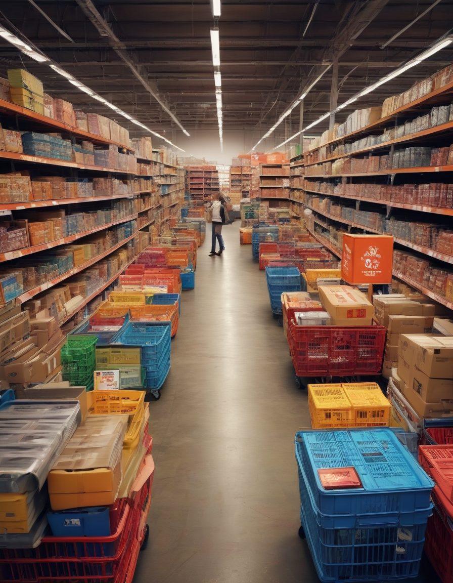 A dynamic marketplace scene showcasing diverse people exploring a vibrant warehouse filled with various discounted products, marked with bold clearance signs. Emphasize the thrill of shoppers finding unique treasures among piles of goods, with colorful inventory blowing off the shelves. Include elements like shopping carts and excited expressions to capture the energy of unbeatable deals. super-realistic. vibrant colors. bustling atmosphere.