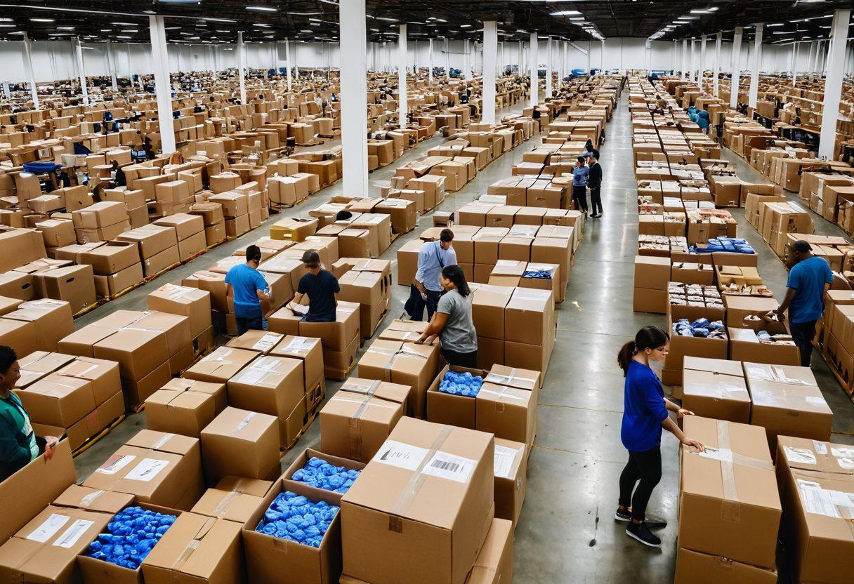 A visually striking scene showcasing an expansive warehouse filled with boxes labeled 'Bulk Liquidation' and 'Discounted Products'. Include diverse individuals happily sorting through the products, surrounded by tags showing striking prices like '70% off'. Bright, engaging colors that suggest excitement and savings, with a focus on products ranging from electronics to home goods. The atmosphere should be lively and inviting, sparking curiosity and motivation to explore savings. super-realistic. vibrant colors. white background.